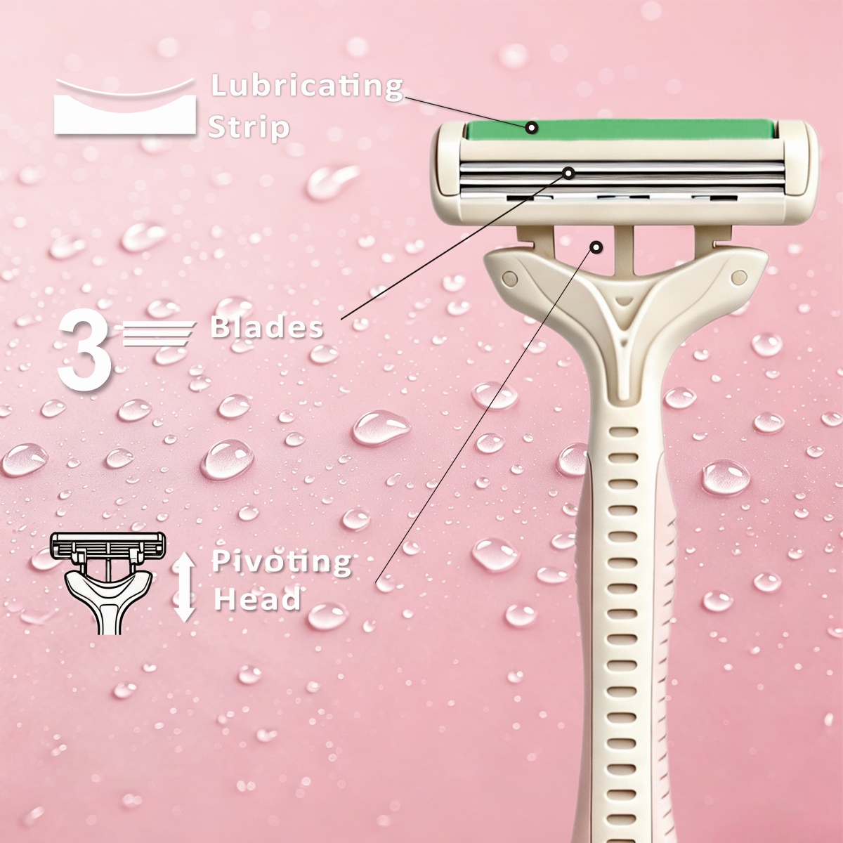 Labeled diagram of the razor showing lubricating strip, three blades and pivoting head